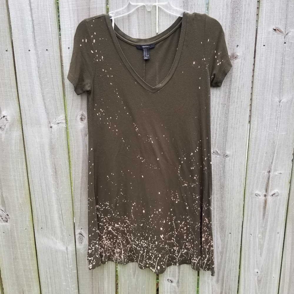 Bleach Splatter Olive Green V Neck Swing Dress